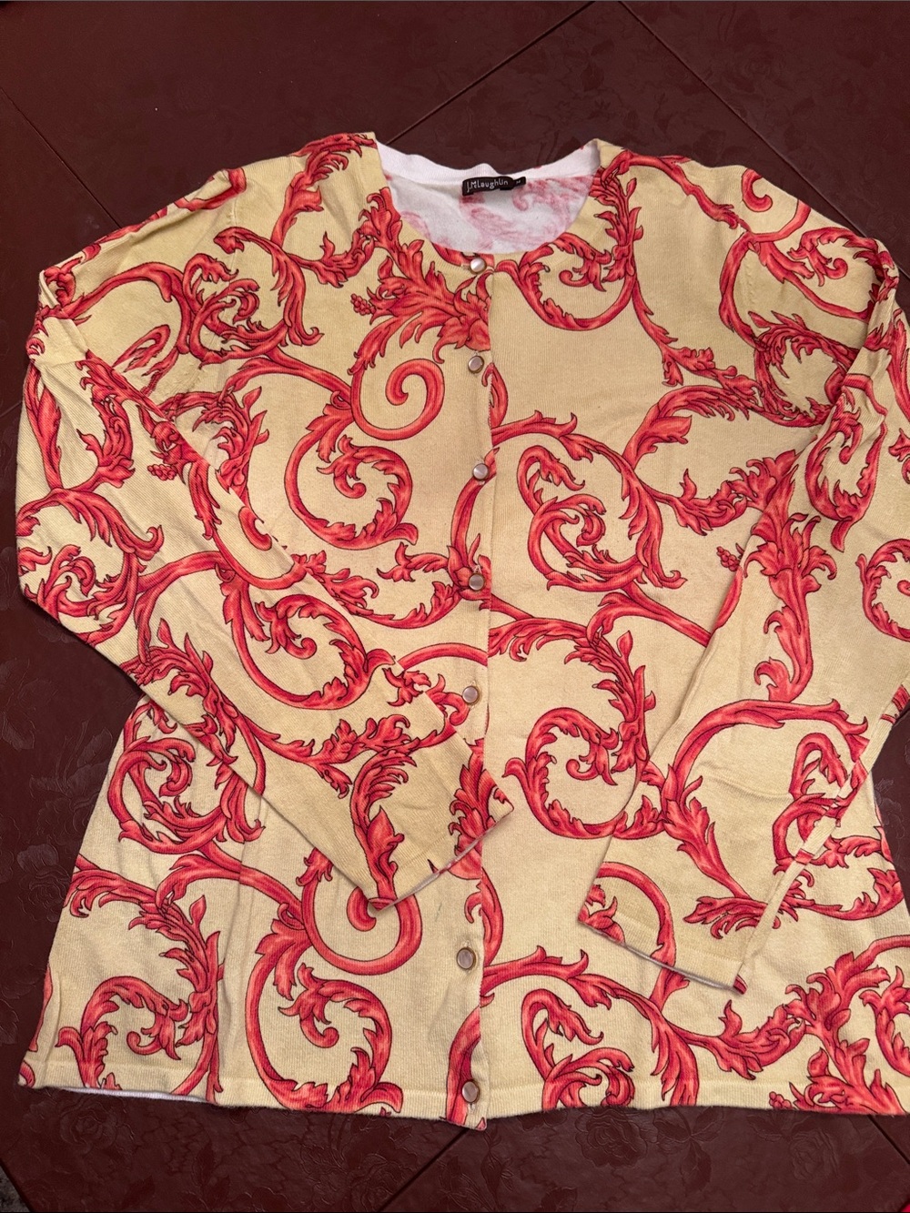 J. McLaughlin Cream Cardigan with Red Baroque Scrolls
